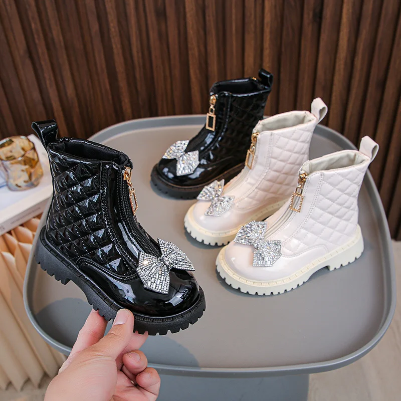 Sweet Baby Princess Autumn/Winter Fashion Elegant Crystal Toddler Bow Booties Zipper Round Toe Square Heel Comfortable Size23-36