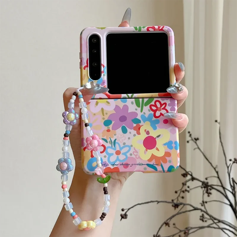Fashion Floral Flower Flip Case For Samsung Glaxy Z Flip 6 Zflip5 Zflip4 Zflip3 Cases Colorful Cover With Hand Chain & Crossbody
