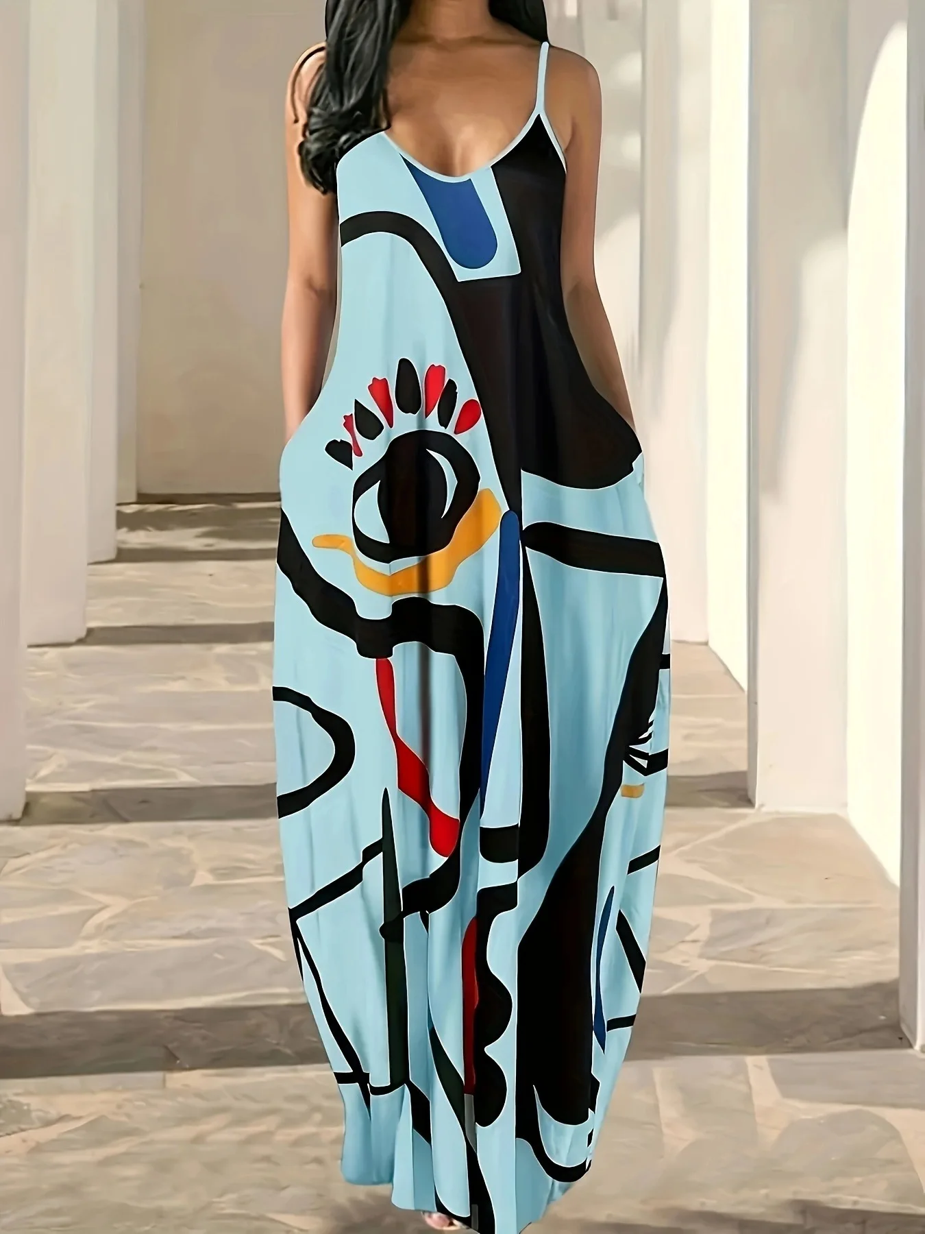 New summer and spring cool spaghetti strap fashionable deep V abstract human face style digital printing temperament dress