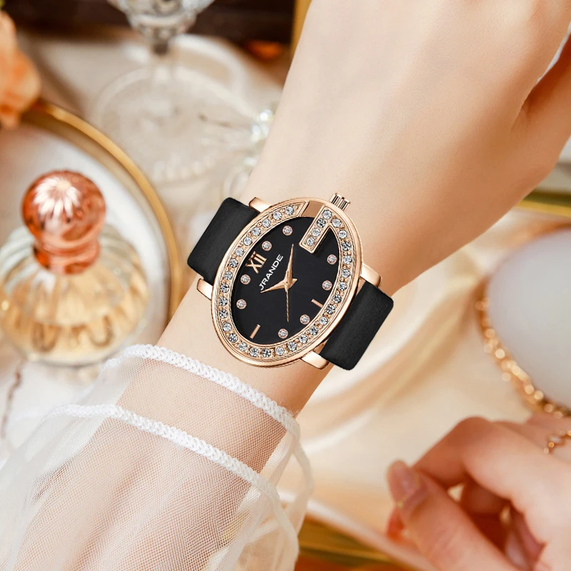 Fashion Women Watches Black Leather Waterproof Casual Hand Clock  Women wristwatch with rhinestones Elegant Female  watch brown