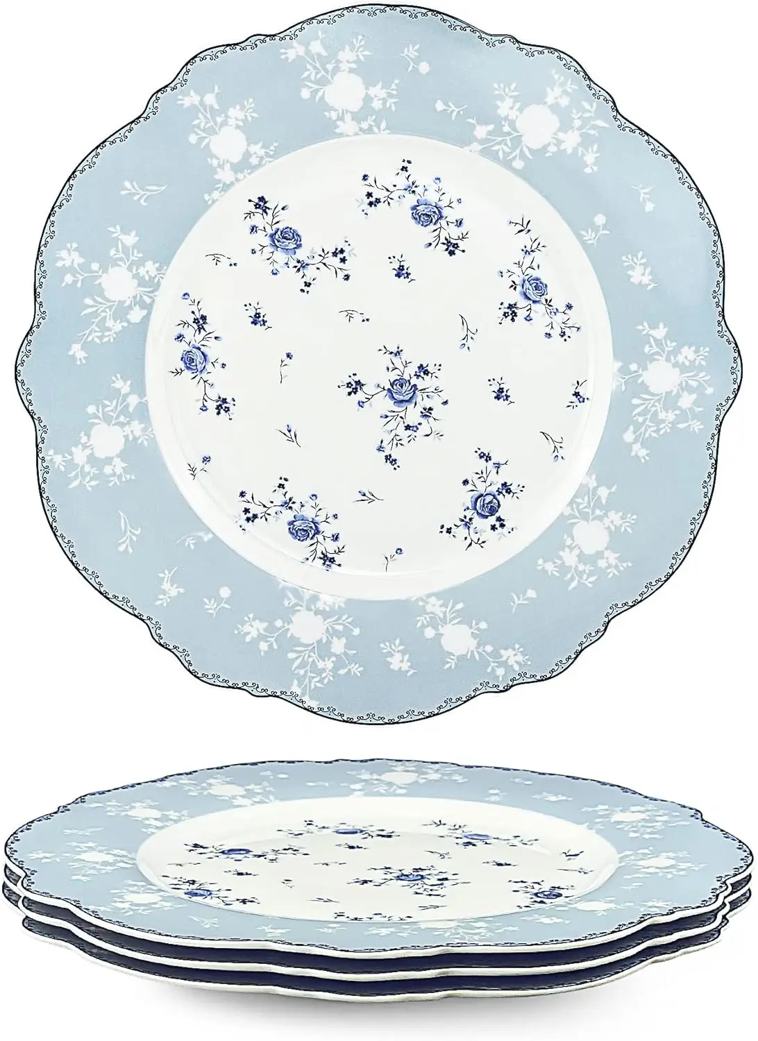 

10 Inch Porcelain Dinner Plates Set of 4, Lace Dishes Set for Salad, Pasta, So , Dessert, Blue Roses