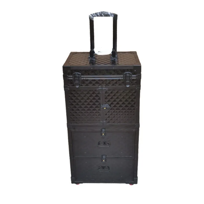 aluminum alloy trolley cosmetic case with wheels black large-capacity multi-layer makeup artist professional follow-up case