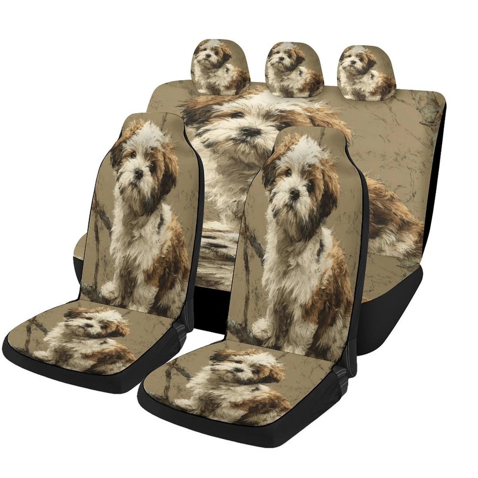 Fluffy Dog Portrait Designed Car Seat Cover Set For Most Cars, High-quality Comfortable Car Seat Protector Covers Full Set, Car