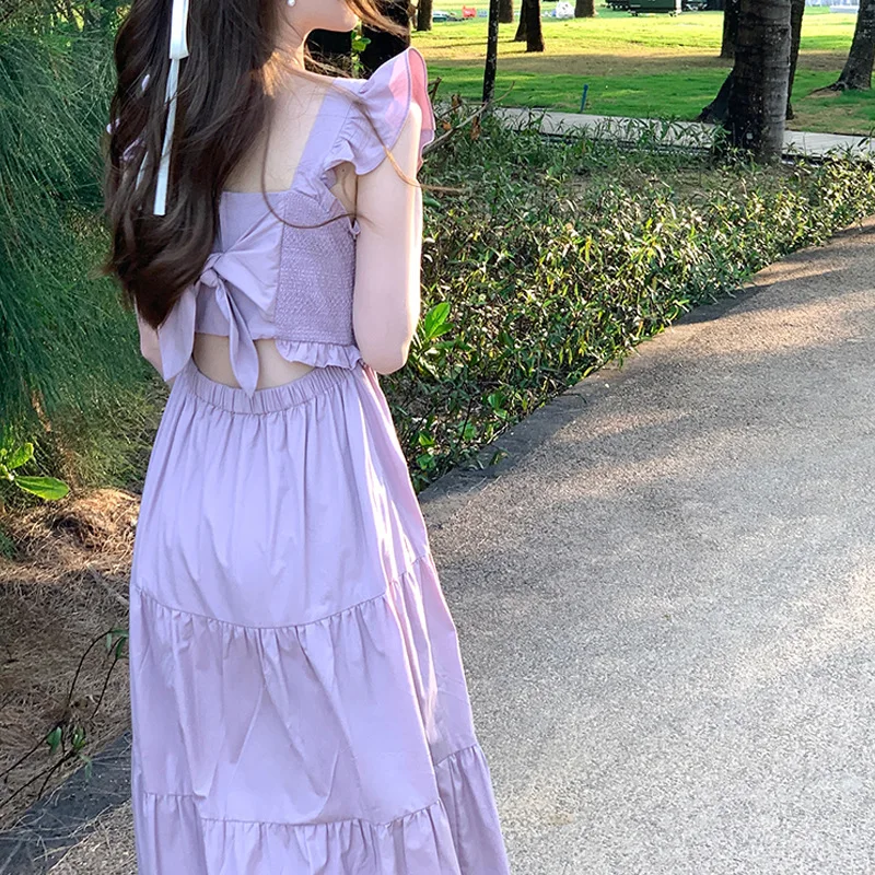 

Women Ruffled Shoulder Strap Vest Dress Elegant High Waist French Literary Style Fashion Trendy Lady Solid Color Female Clothing