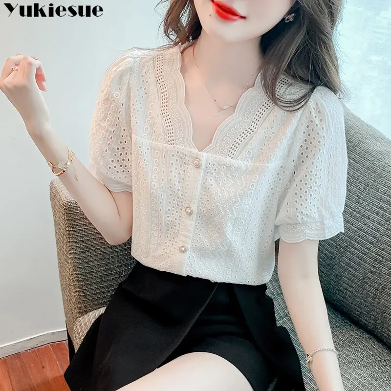 2023 Summer Fashion Korean Leisure Harajuku Females V-neck Tops Vintage New Puff Sleeve Shirts Women Solid Elegant Sweet Lovely