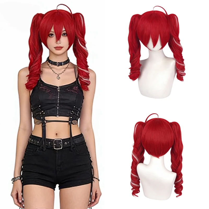 

Kasane Teto Cosplay Wig Red White Highlights Curly Double Ponytails Heat Resistant Synthetic Anime Hair for Comic Con Halloween