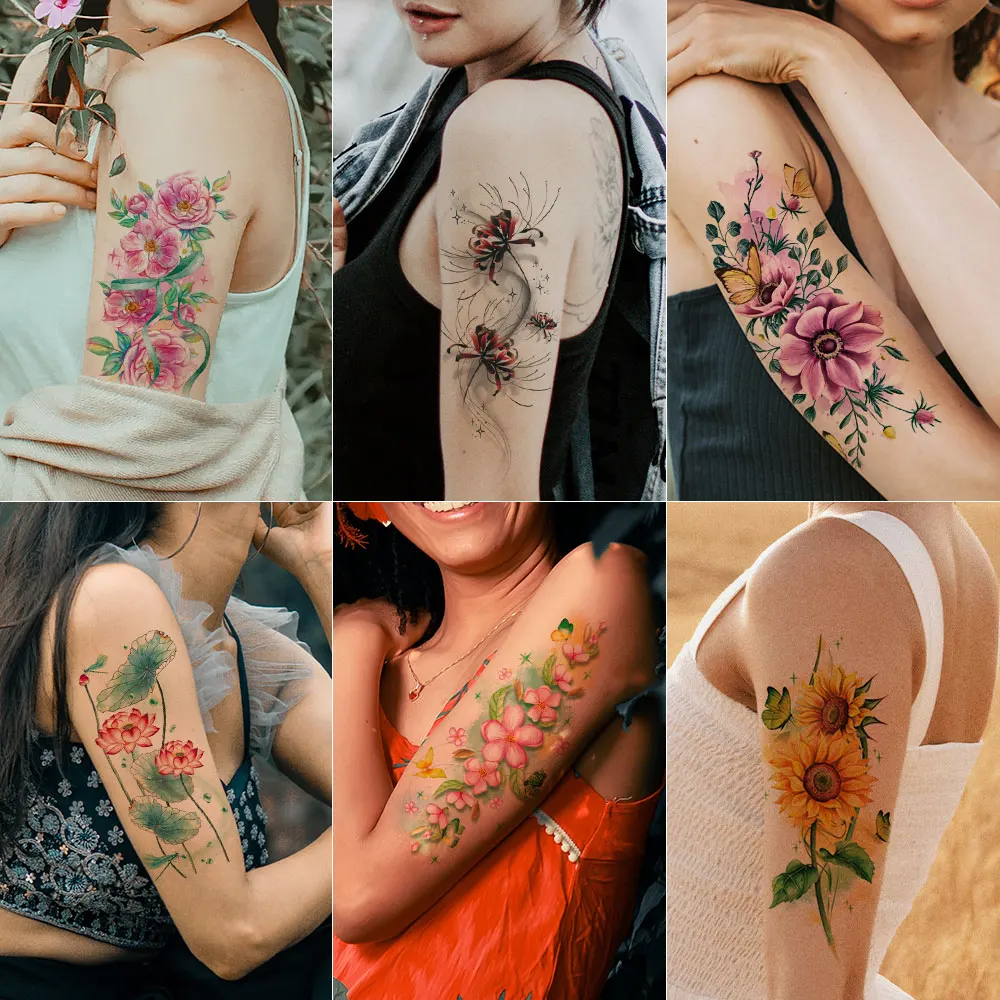 Bunte Blume temporäre Tätowierungen für Frauen Mädchen realistische Rose Schmetterling Blume gefälschte Tattoo Aufkleber Unterarm Körper Tattoos 3d