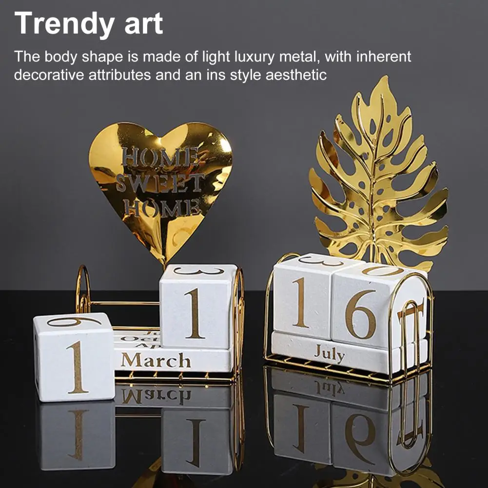 Calendar Wooden Perpetual Block Calendar with Iron Leaf Figurine for Home Office Decor Wood Metal Desk Block Annual Diy Planner