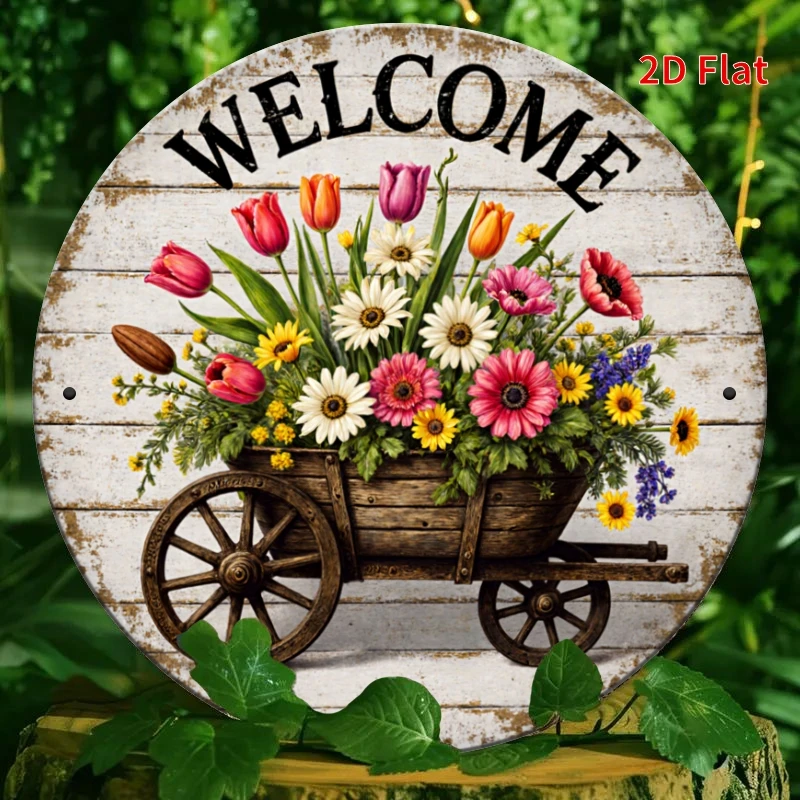 2D Flat Printing, Retro Round Wooden Sign - Flower Cart Welcome Theme, Indoor/Outdoor Home, Porch, Garden, Cafe Decor - No Elect