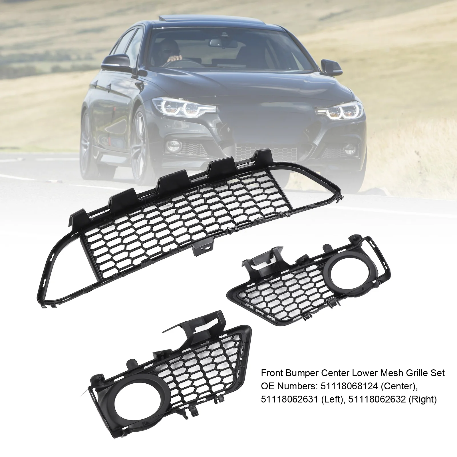

Front Bumper Center Lower Mesh Grille Set 51118068124 Side Fog Light Grilles for BMW 3 Series F30 2015 to 2019