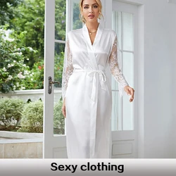 Sexy Pajamas Sleepwear Lace Hollow Woman Lace Transparent Cardigan Nightclothes Blouse Long Nightgown