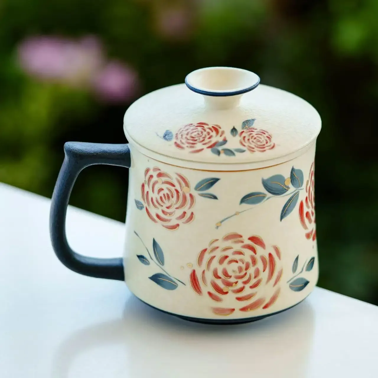 Bronzing Rose Ceramic Cup Household Teacup Drinking Water Mug Office Covered TeaCup Tea Separation Cup Tea Maker Tool Decoration