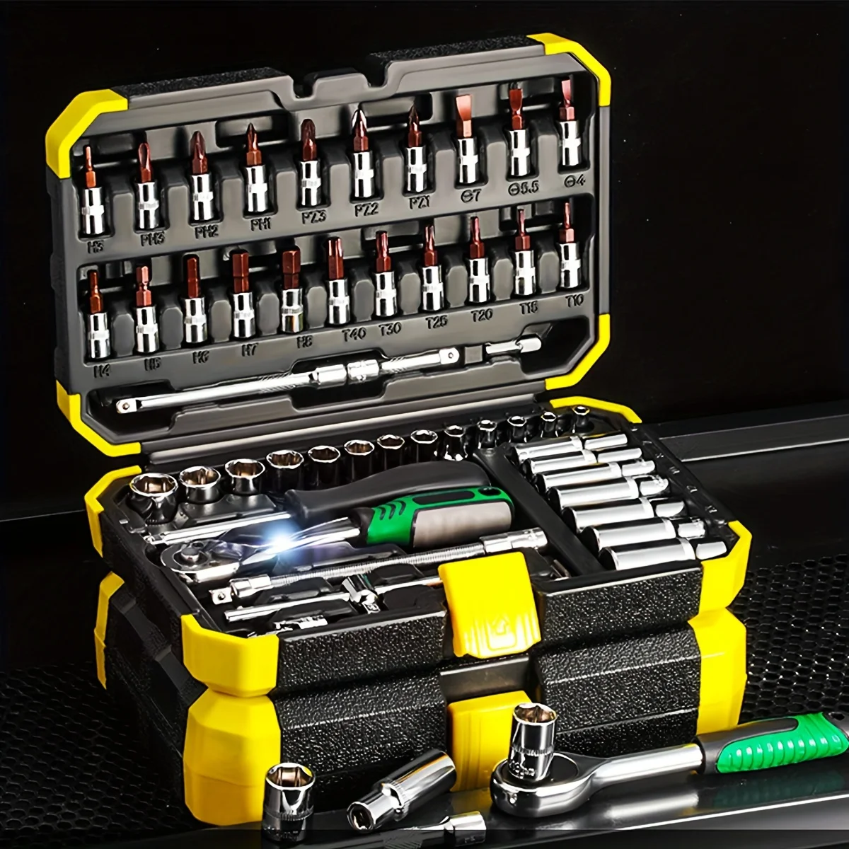 

53pcs 1/4 Inch Drive Socket Ratchet Wrench Set, With Bit Socket Set Metric And Extension Bar For Auto Repairing And Household