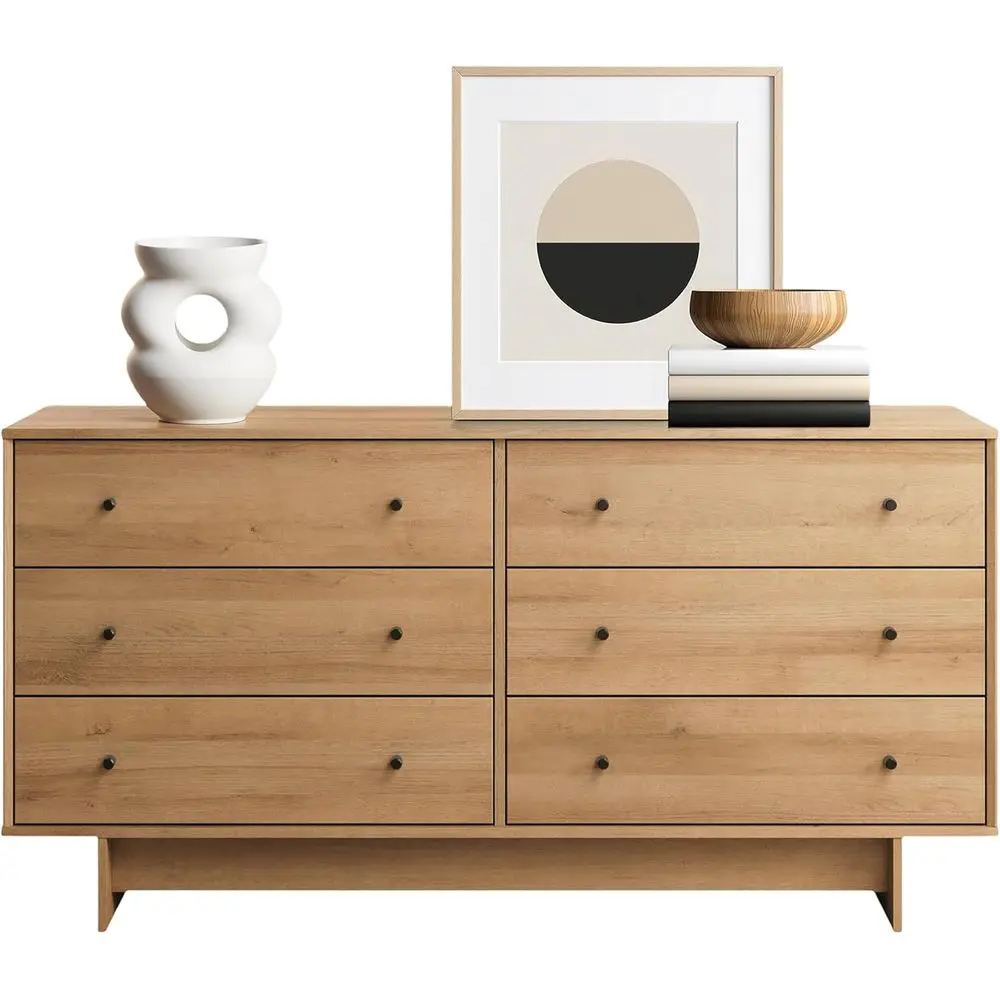 ตู้ลิ้นชักไม้โอ๊คธรรมชาติ 6 ลิ้นชักสำหรับห้องนอน, ที่จัดเก็บของขนาดใหญ่, เฟอร์นิเจอร์บ้านสไตล์โมเดิร์น, 16D x 61W x 31H