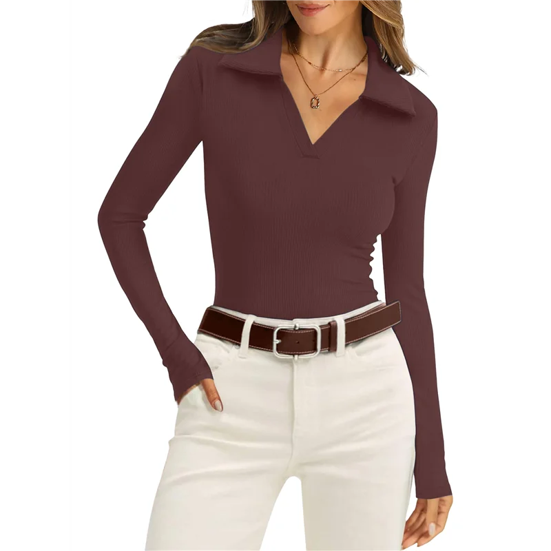 

ABP-Womens Shirts Long Sleeve Business Casual Tops Collared V Neck Ribbed Knit Sweater Slim Fit Blouses