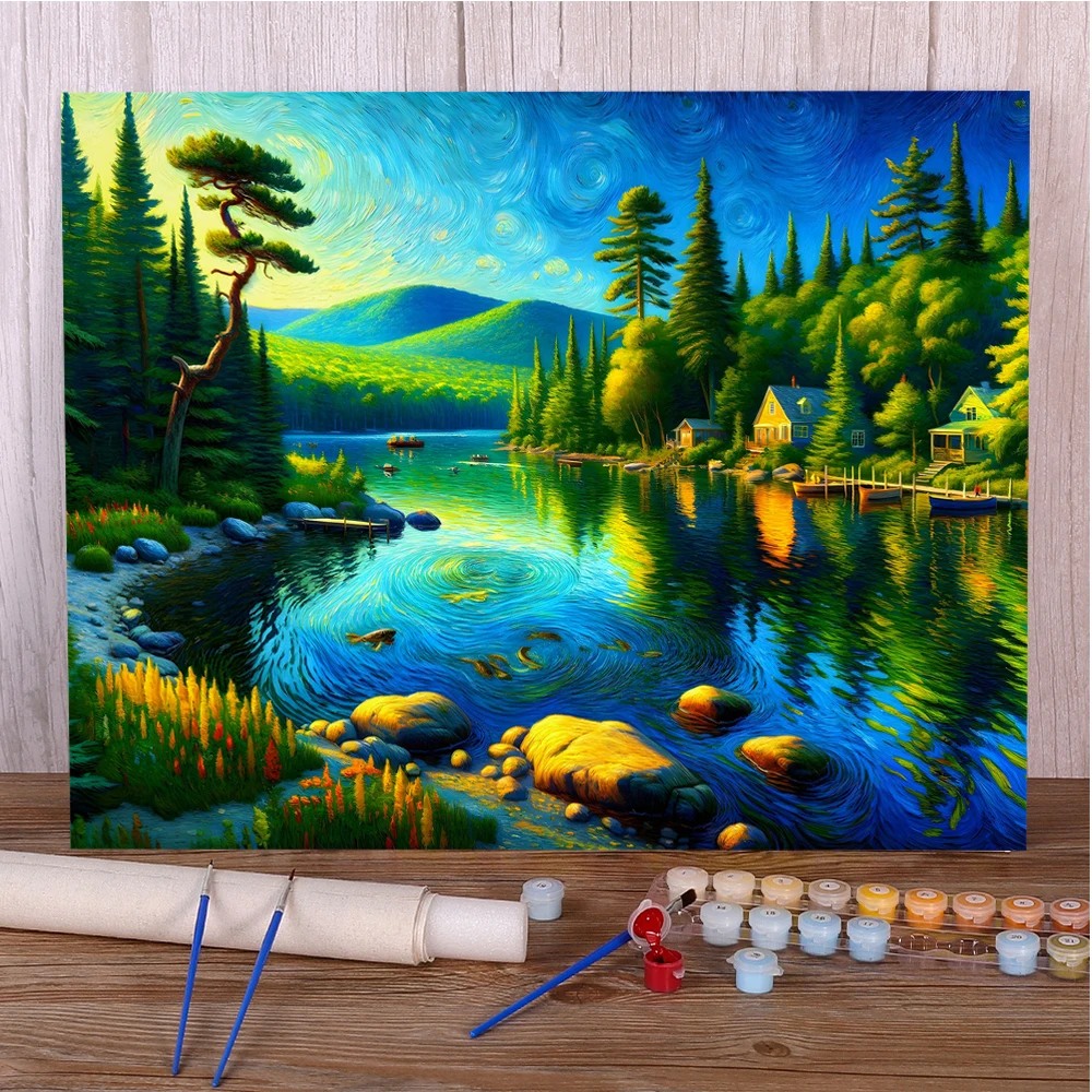 Landscape House By River DIY Paint By Numbers Set Acrylic Paints 40*50 Oil Painting Home Decor Crafts For Adults Wholesale