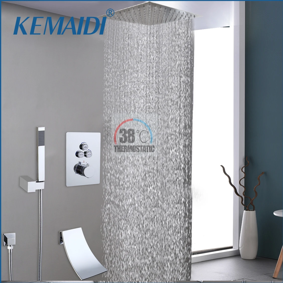 

KEMAIDI Bathroom Wall Mount Thermostatic Rainfall Shower Faucet Set Chrome Concealed Shower System Waterfall Tub Spout Mixer Tap