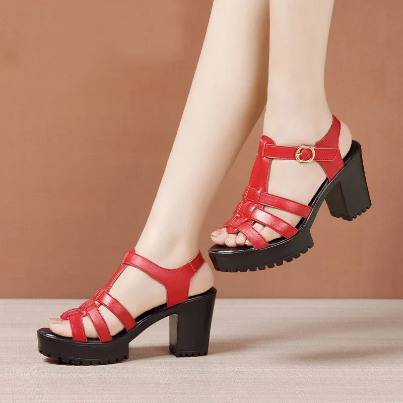 High quality summer leather sandals for women 8cm high heel 2024 size 32 33 42 43 platform open toe elegant shoe black red white