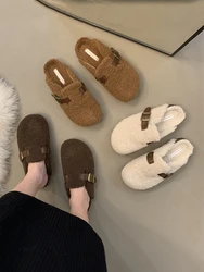 Shoes Flock Mules For Women 2023 Cover Toe Slippers Soft Low Pantofle Slides Comfort New Flat Basic  Autumn Short Plush Rubber