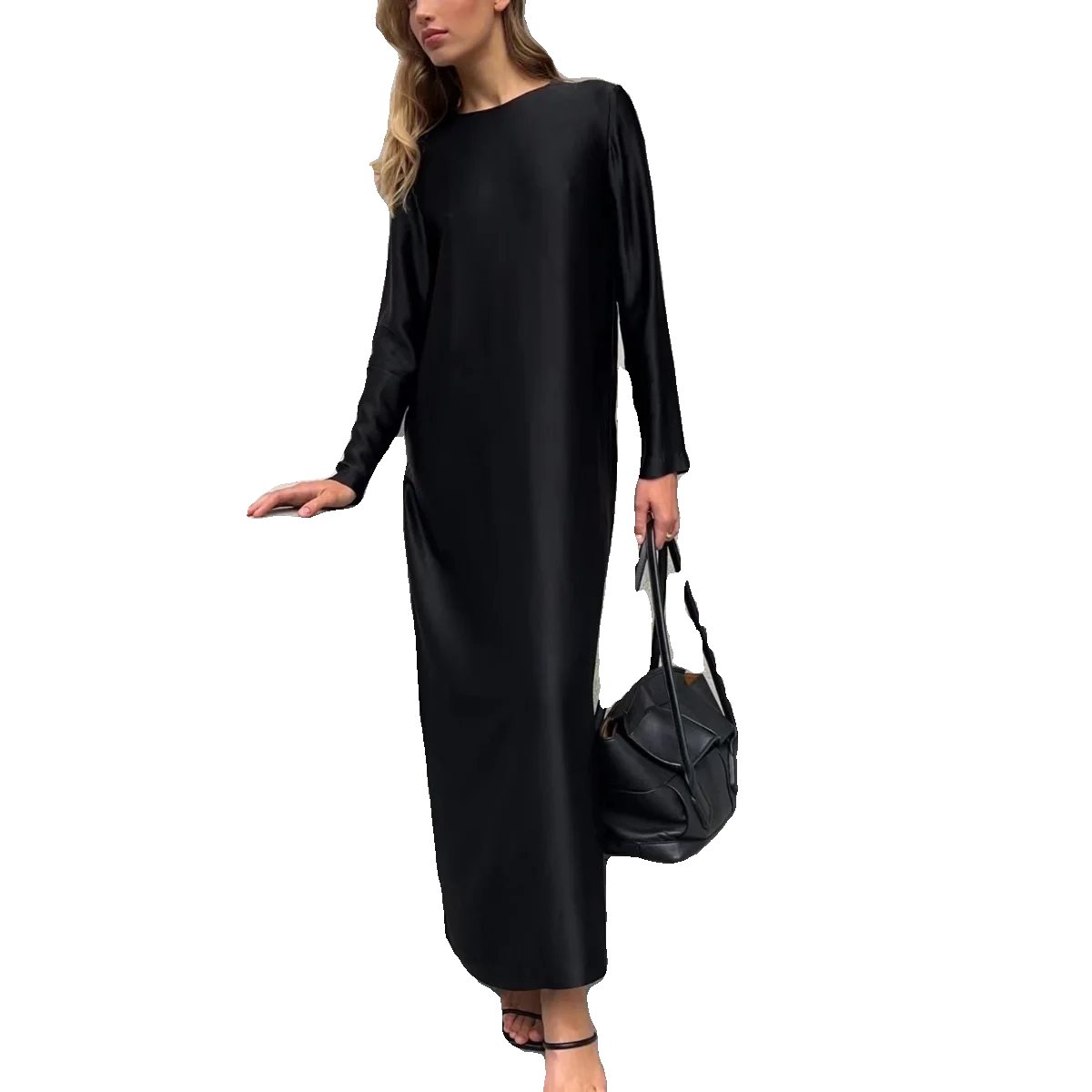 패셔너블한 롱 슬릿 새틴 드레스 여성용 베이스 레이어 스플릿 스커트 라운드 넥 루즈 웨이스트 롱 슬리브 풀 렝스 가운