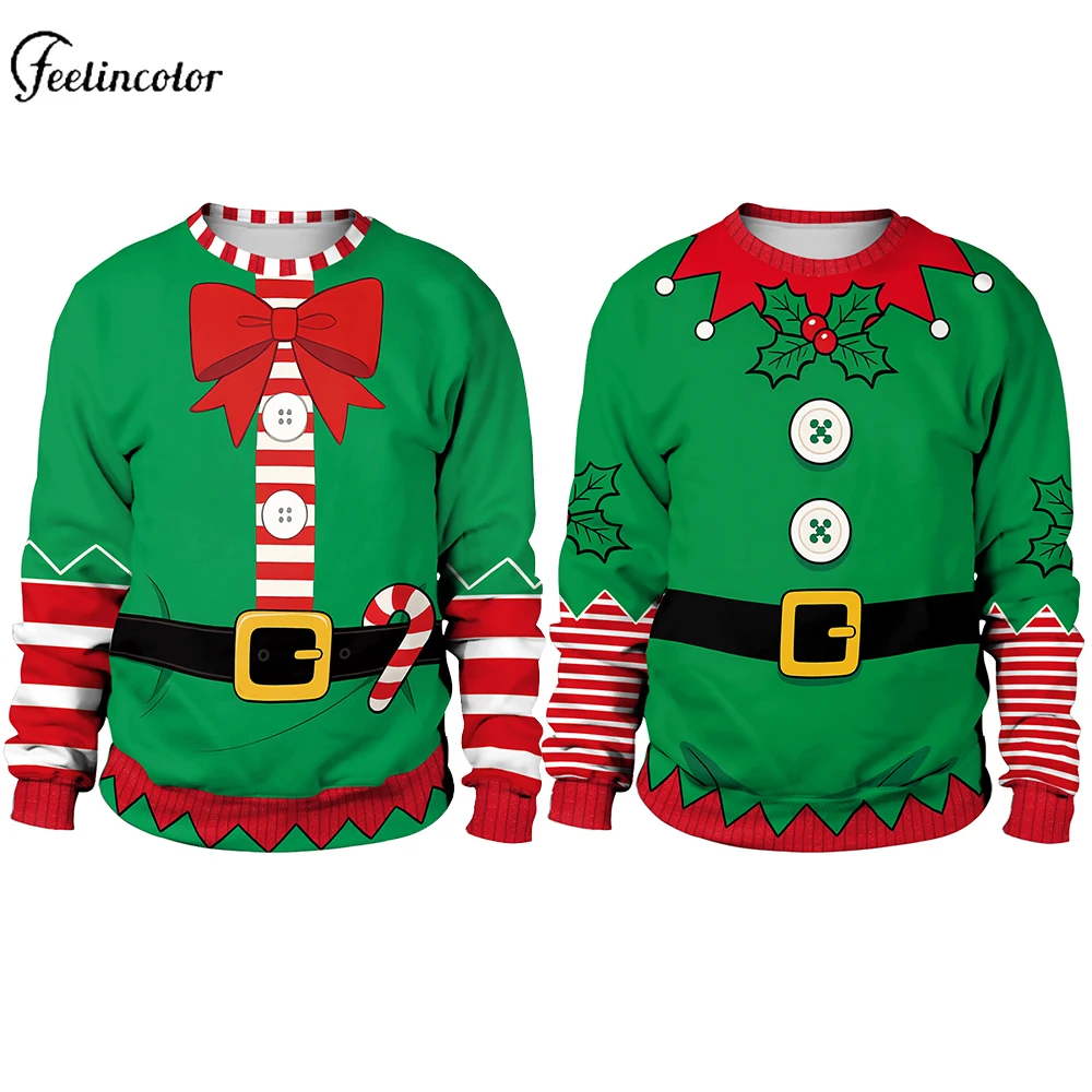 

Christmas Elf Graphic Sweatshirts for Men Ugly Xmas Pullovers Couple Long Sleeve Pullover Top 3D Digital Print Party Costume Fam