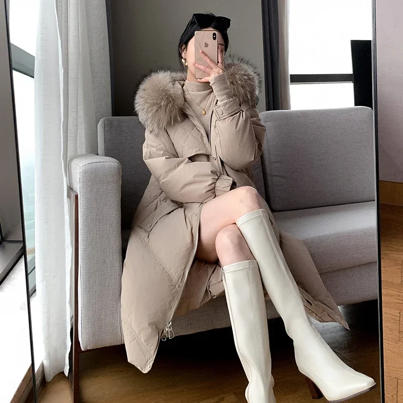 2024 Winter New European Women Down Jacket Real Fur Collar and White Duck Down Thickened Insulation and Windproof Hood Parkas