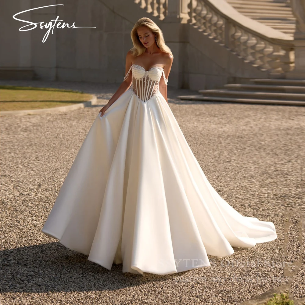 

SSYTENS Elegant Beadings Wedding Dresses For Woman Bride Satin Off Shoulder Lace Up Back A-LineVestidos Novias Boda Custom Made