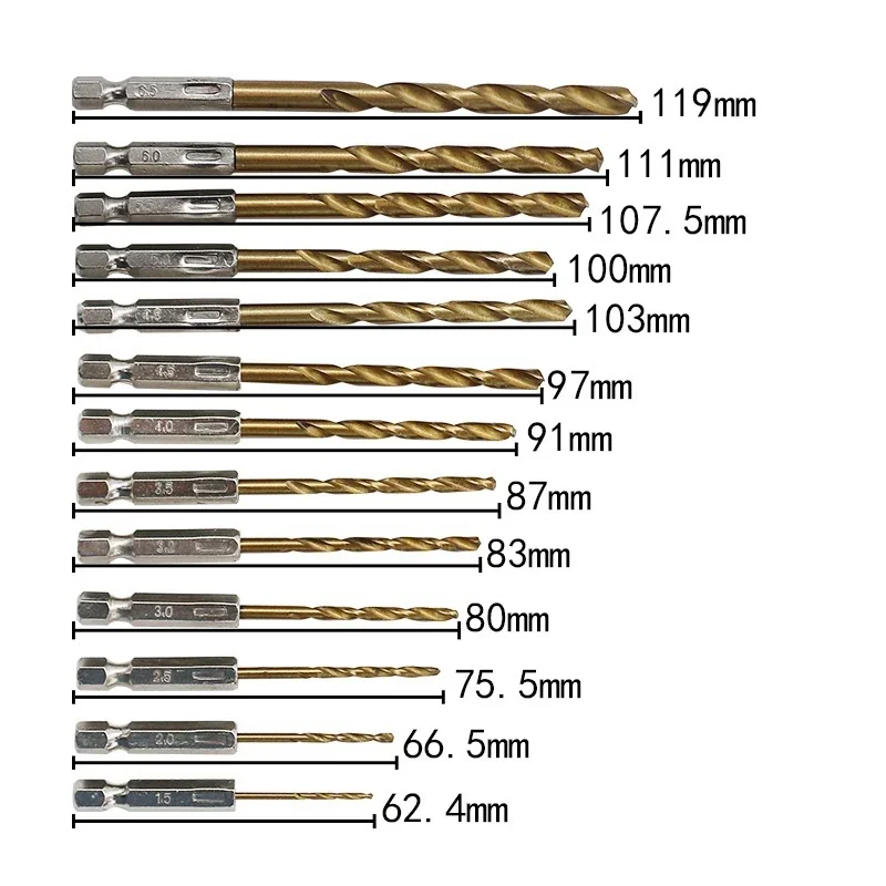 Perceuse hélicoïdale plaquée titane, système britannique, poignée hexagonale, perceuse électrique, perçage de trous, outil de tournevis à air, 13 pièces