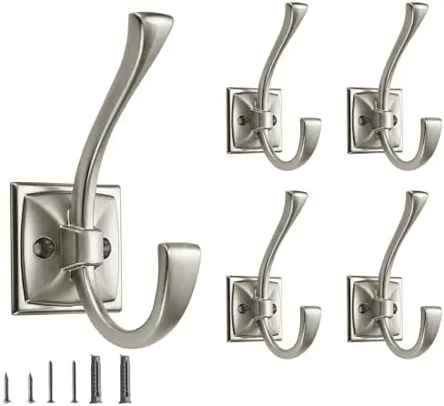 

5-Pack Satin Nickel Heavy Duty Towel Hooks – Wall Mounted for Robes, Coats, Bags & More