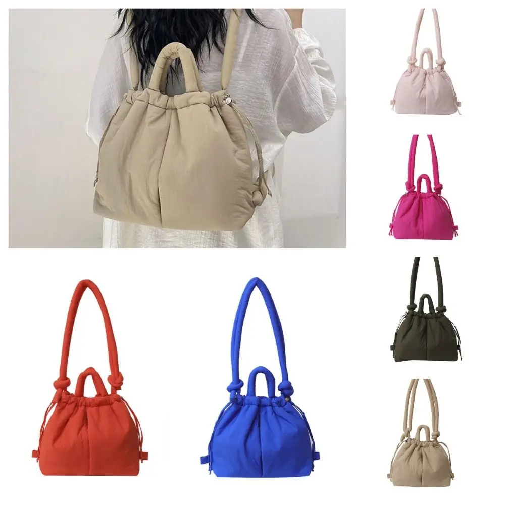 Simple Solid Color Drawstring Tote Bag Dual-purpose Large Capacity Nylon Padded Tote Bag Puffy Handbag Drawstring Backpack Beach