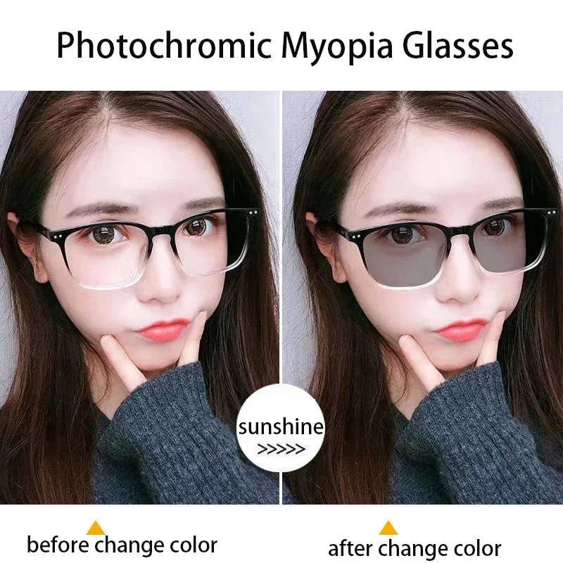 Fashion Photochromic Myopia Glasses Men Women Square Anti Blue Light Finished Prescription Eyewear Ultralights Retro Glasses