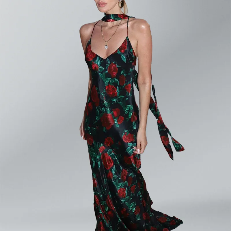 فستان ماكسي صيفي مثير مطبوع بدون ظهر لعام 2025 للنساء فستان أنيق بدون أكمام عالي الخصر للحفلات المسائية والنوادي فساتين طويلة