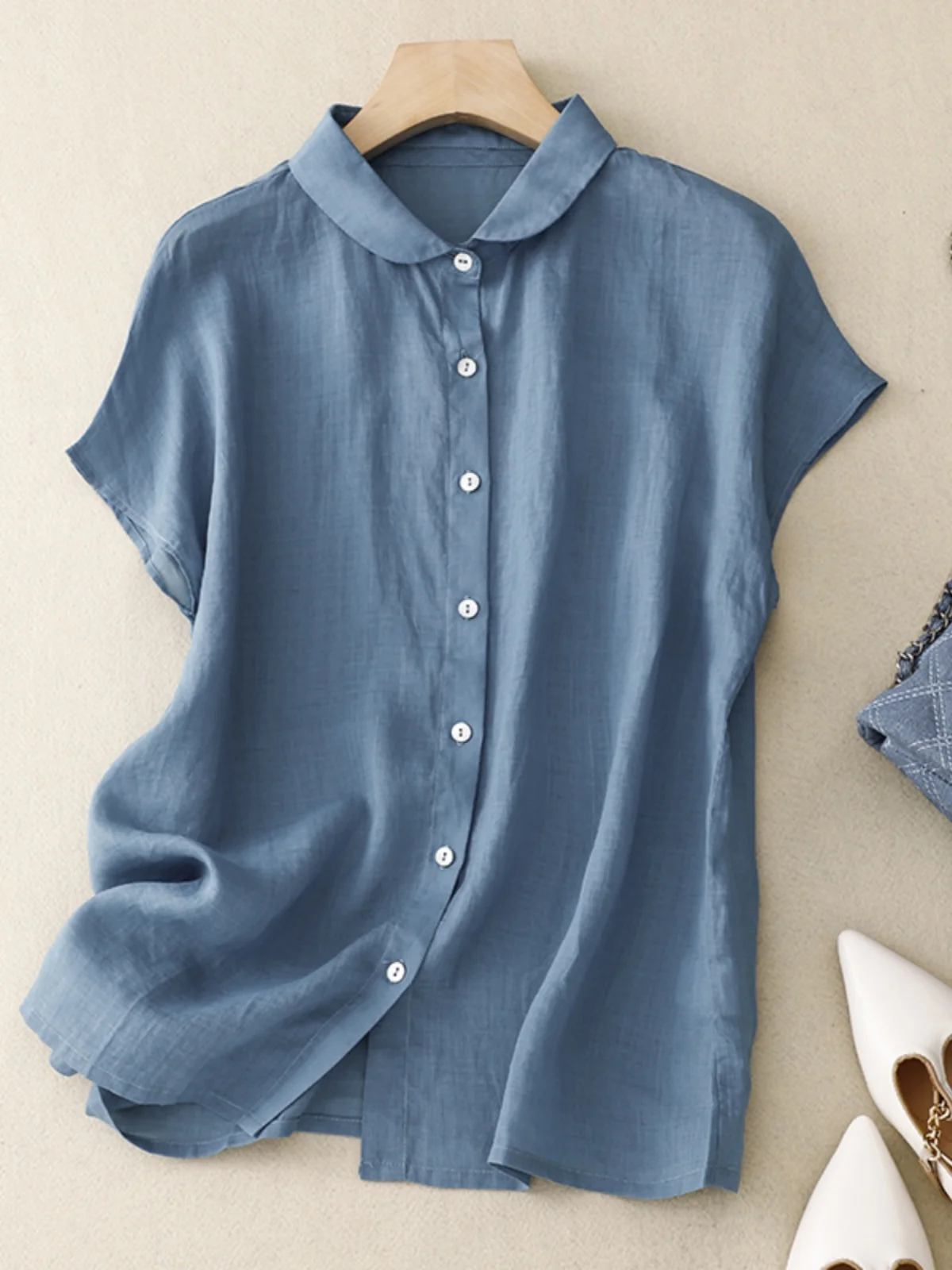 

Cotton Linen Open Cardigan Women's Casual Slimming ort Sve irt Artistic Sle Vintage Flip Collar Button Detail Loose Fit