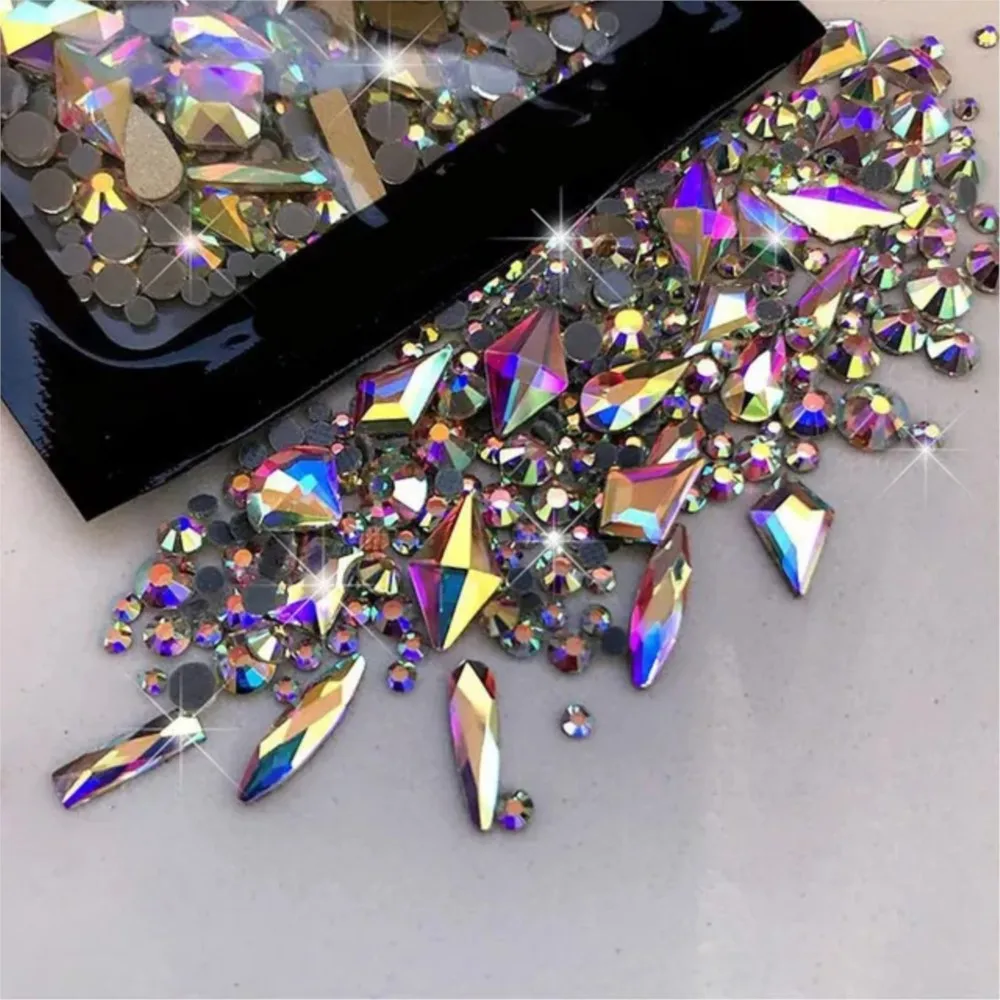 170pcs Round+Odd Shaped Flatback Glass Rhinestones Nail Charms DIY Sparkly Diamond Manicure Crafts Making Beads Nail Decorations