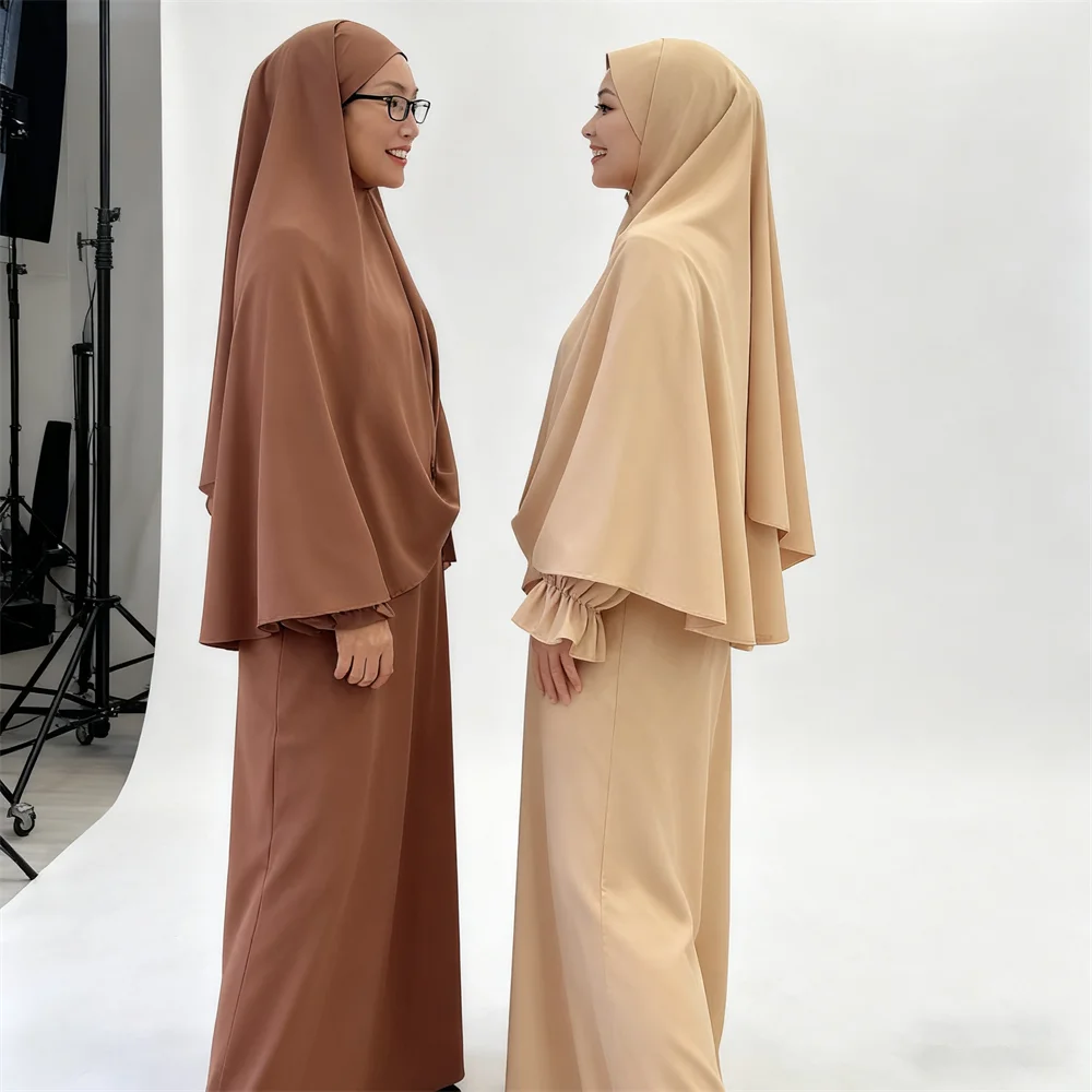 

2Pcs Eid Ramadan Hooded Tops Abaya Muslim Women Prayer Garment Islam Clothing Overhead Khimar Abaya Turkey Kaftan Dress Djellaba