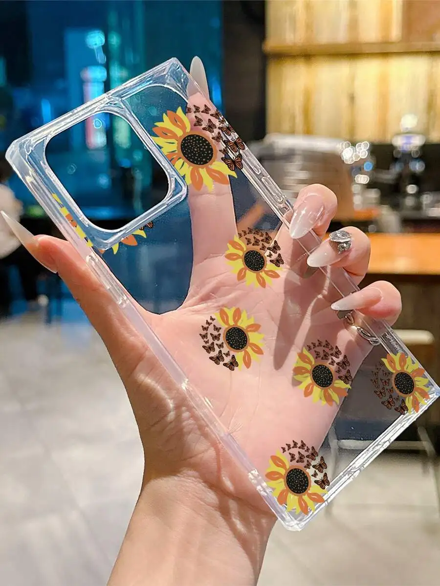

Sunflower And Butterfly Floral Pattern Clear TPU Phone Case For iPhone 15 14 13 12 11 Pro Max Plus