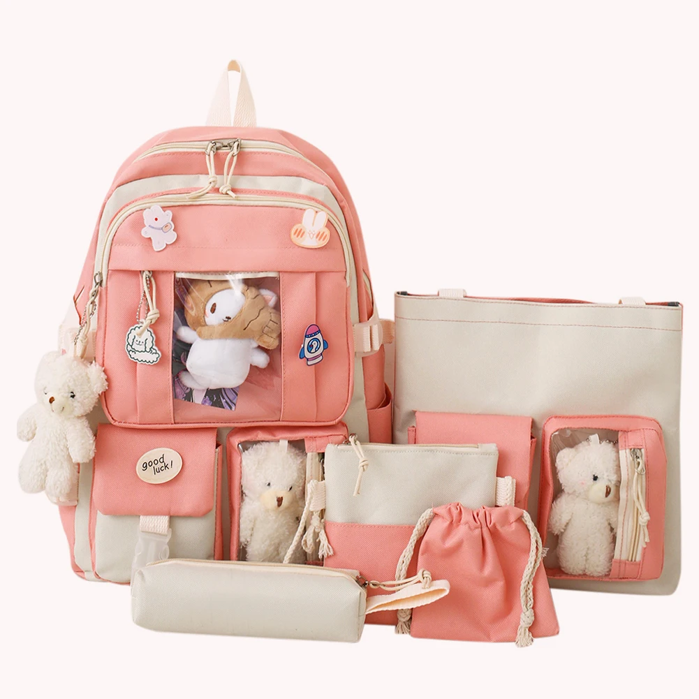 Set da 5 pezzi Zaino per ragazze Kawaii per borsa da scuola per studenti Zaino per ragazze per adolescenti Borse per libri Astuccio per donne Zaino da viaggio Tote