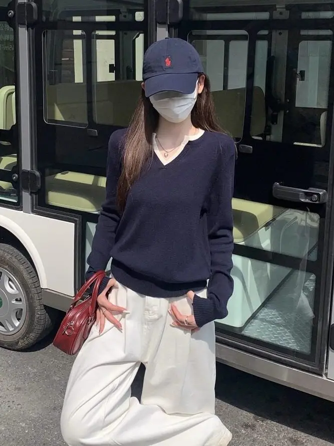 

Корейский вязаный свитер с V-образным вырезом и цветовыми блоками, с длинными рукавами, женский базовый топ, новинка 2026 года, высококачественная внутренняя одежда