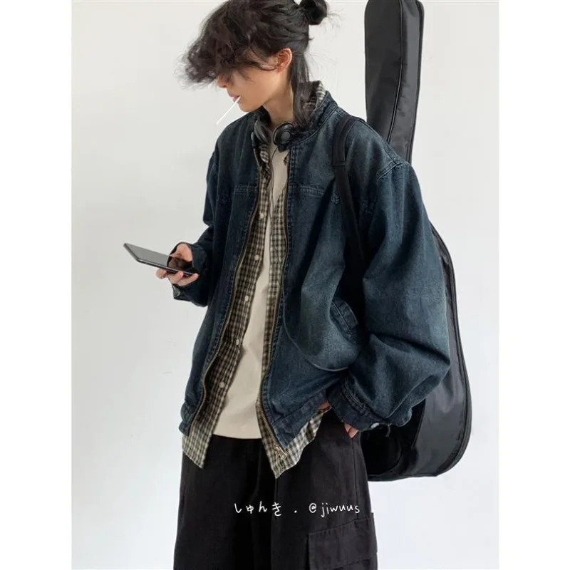 2026 Autumn New Japanese Retro Washed Denim Jacket for Men Korean Harajuku Men's Casual Loose Zipper Jacket Coat Y2k Streetwear