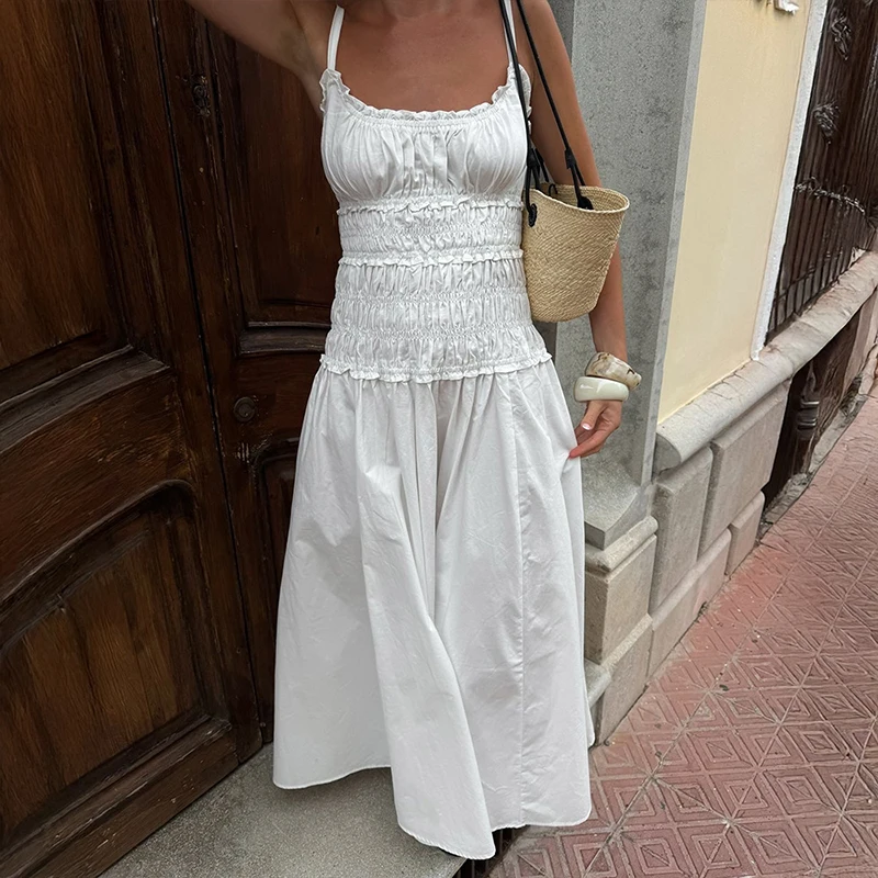 Tornova Effen Spaghetti Jurk Voor Vrouwen Ruches Mouwloze Lange Jurk Zomervakantie Kleding Casual Mode Vrouwelijke Jurk