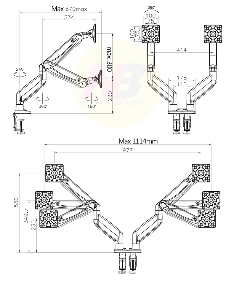 NB F185A Aluminum Gas Spring Arm Full Motion 2-8kg 22-27 inch Dual LCD Monitor stand Mount  computer holder Support with USB3.0