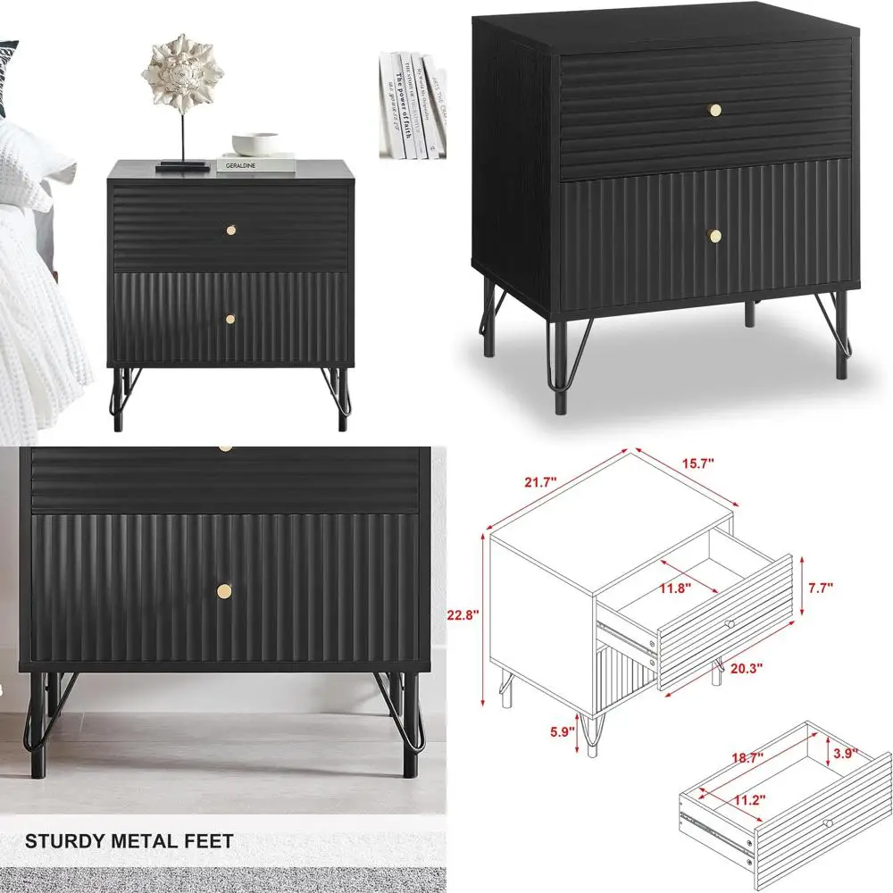 

2-Drawer Nightstand with Fluted Design, 22 Bedroom End Table for Bedside or Living Room Sofa Side Storage