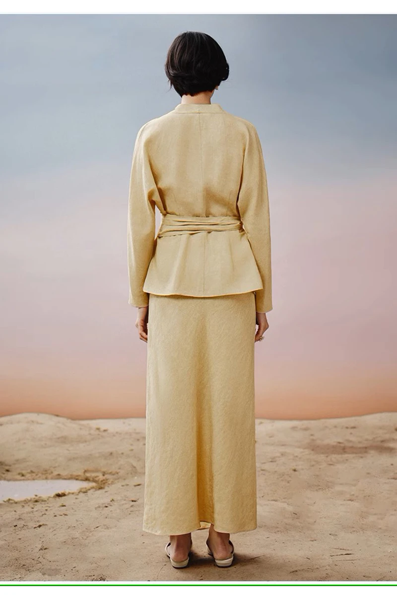 Abito da donna in lino naturale al 100% Top e gonna con lacci color kaki 2 pezzi Elegante nobile Business Casual Abbigliamento di lusso leggero