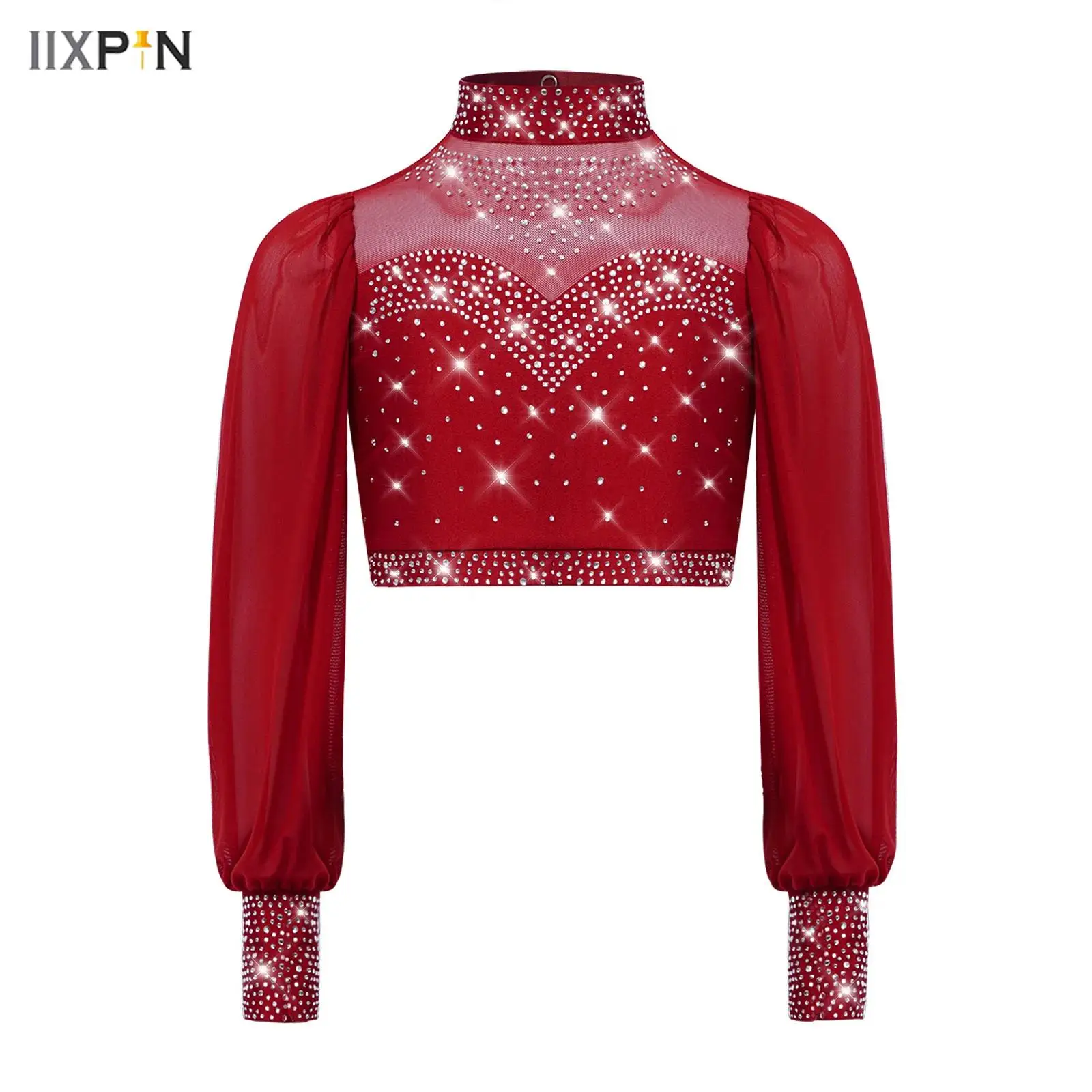 

Kids Girls Lyrical Dance Tops Sheer Mesh Long Sleeves Cutout Back Shiny Rhinestones Pullover Crop Top Jazz Ballet Dance Costume