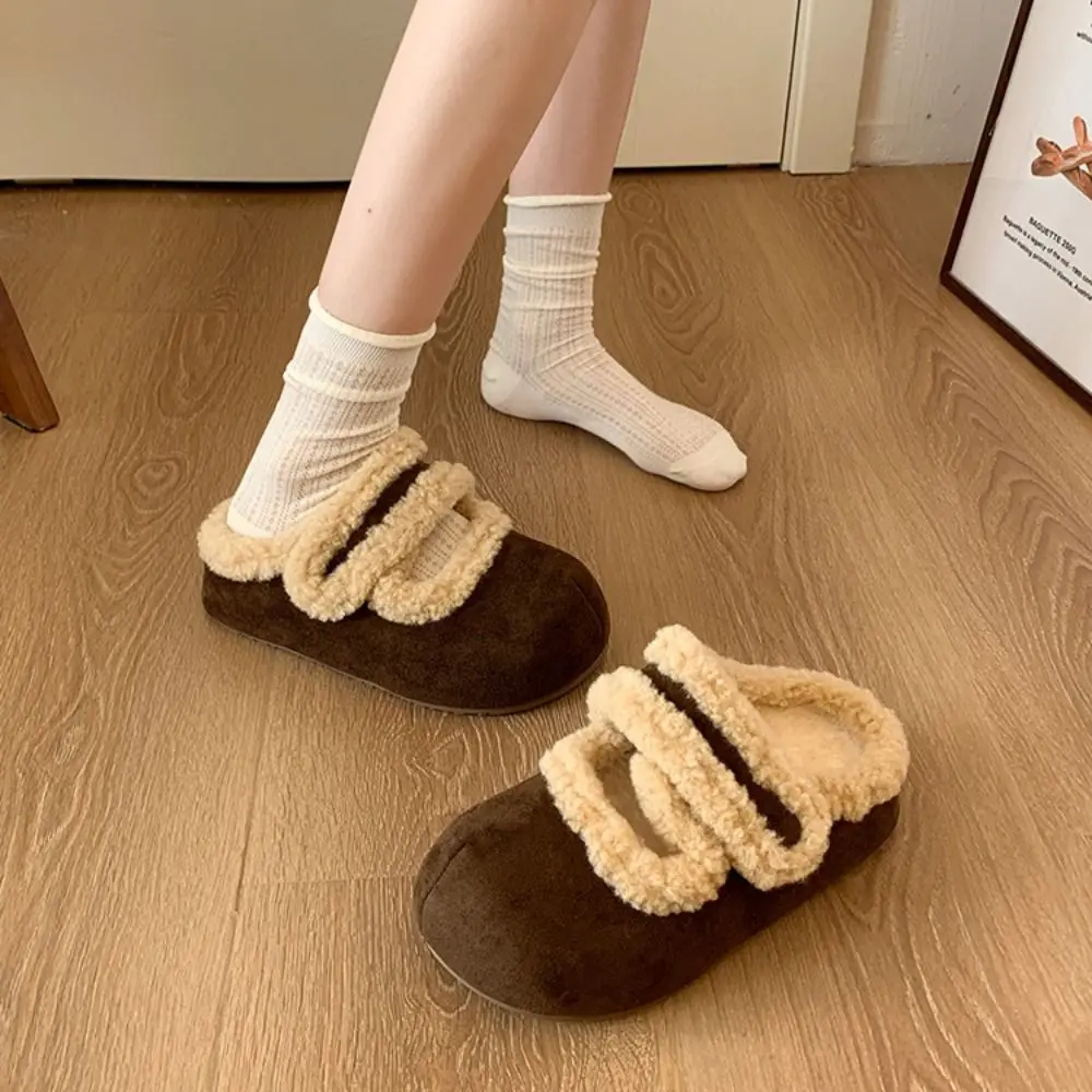 مريحة جولة رئيس الجلد المدبوغ نعال تدفئة لينة عارضة المرجان الصوف النعال سميكة القاع المضادة للانزلاق الرجعية الشتاء الأحذية داخلي