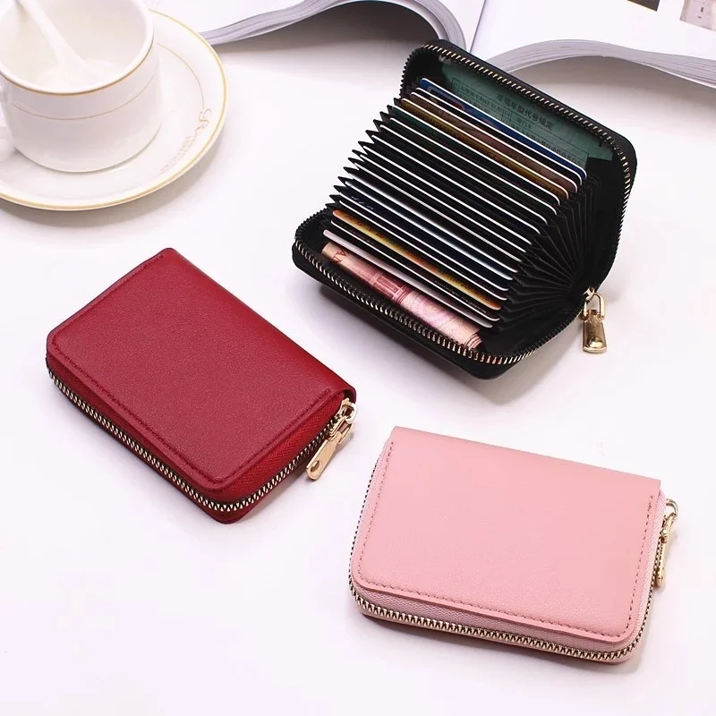 PU Leather Business Card Holder Case para Mulheres, ID, Crédito, Banco, Nome, Zipper, Coin Purse, Money Bag, Change Organizer, Blocking Wallet