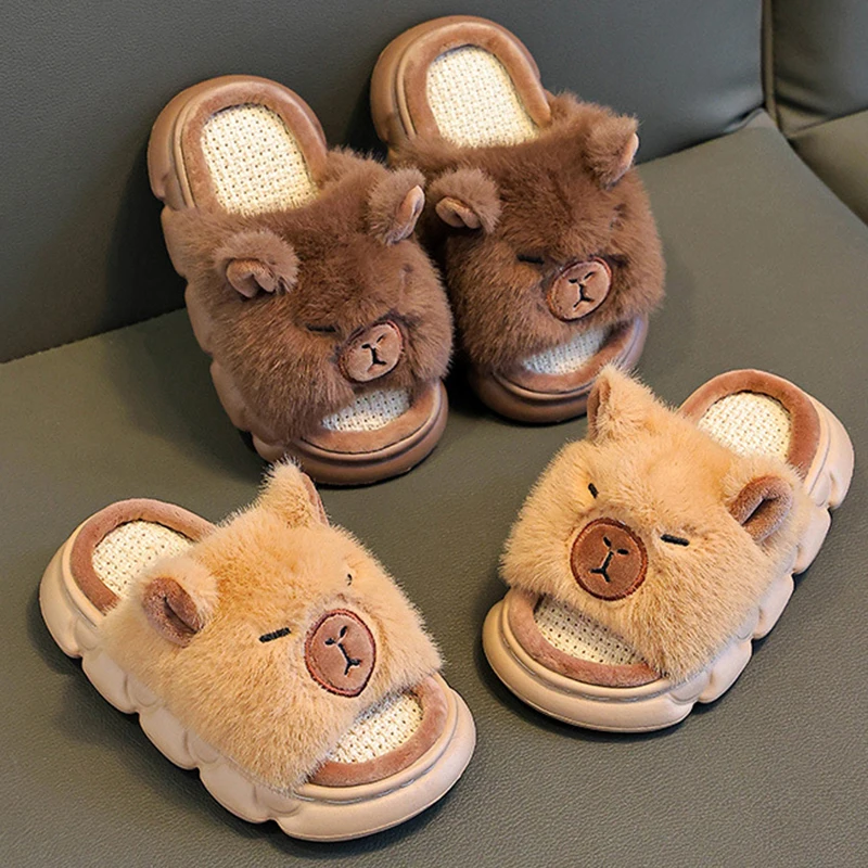 Lovely Capibala Linen Slippers for Children Four Seasons Thick Bottom Non Slip Home Slides Woman Comfortable Soft Sole Slippers - view 3