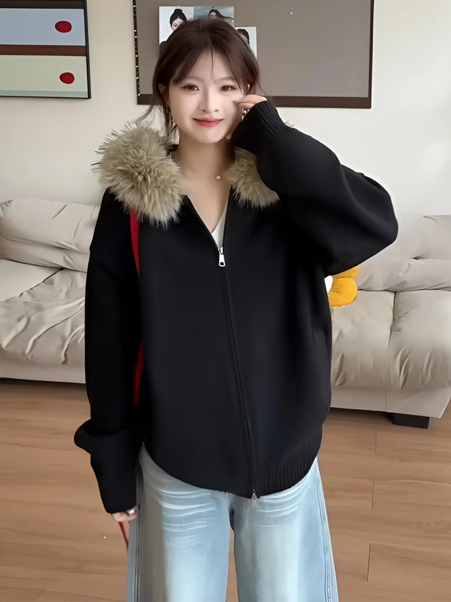 

Женский вязаный кардиган больших размеров с капюшоном, съемным меховым воротником, свободный, утепленный, повседневный, в корейском стиле