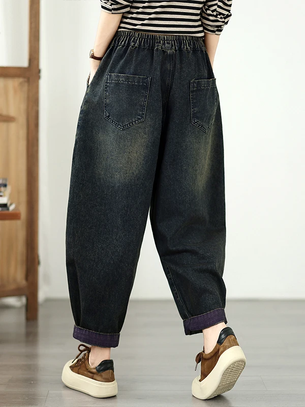 Retro Embroidered Distressed Denim Pants Women's Loose Casual Fashionable Harlan Dad Pants High Waist Elastic Waistband