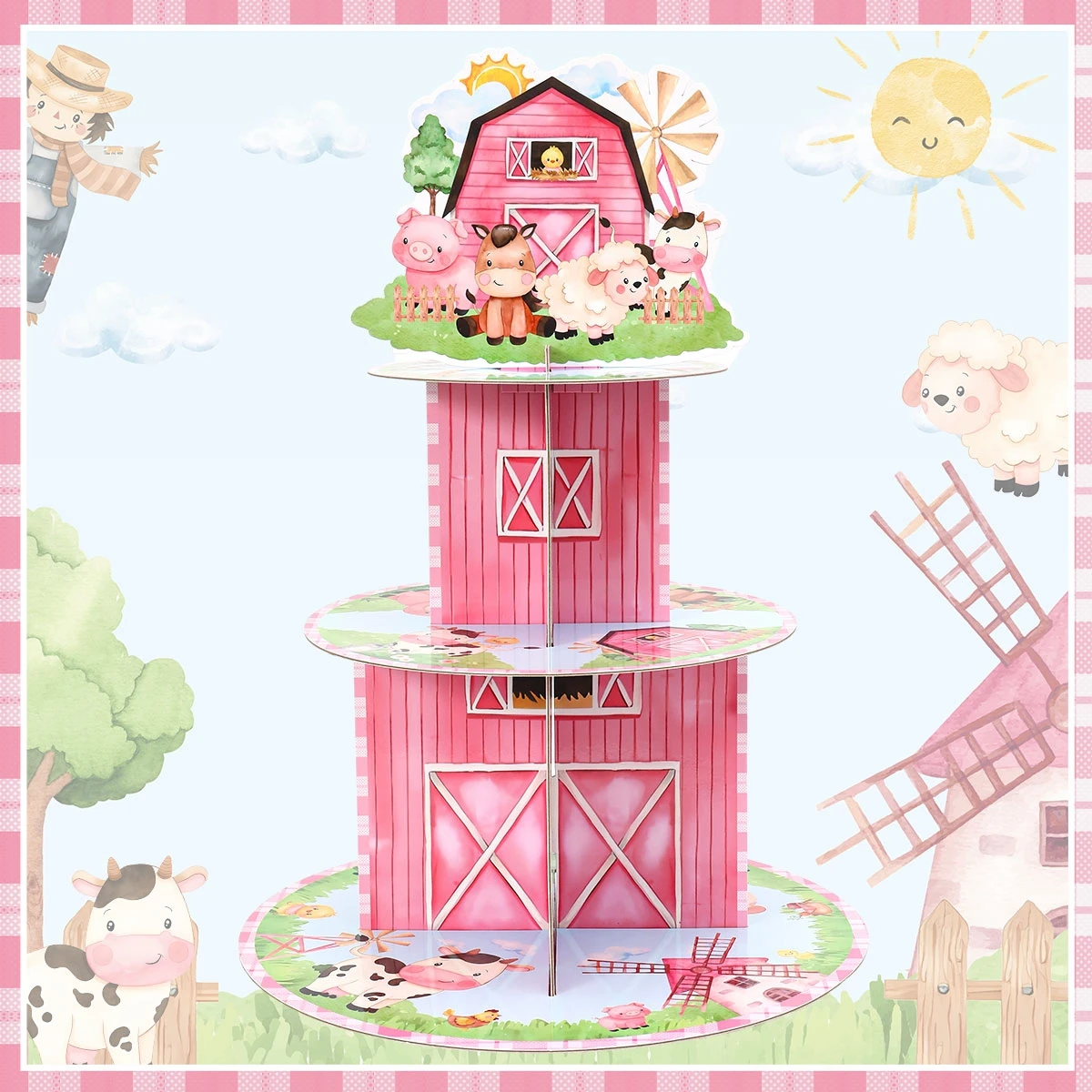 3 Tier Pink Barnyard Farm Paper Cake Display Stand Happy Birthday Party Decoration 1st Birthday Party Dessert Cake Rack Decor